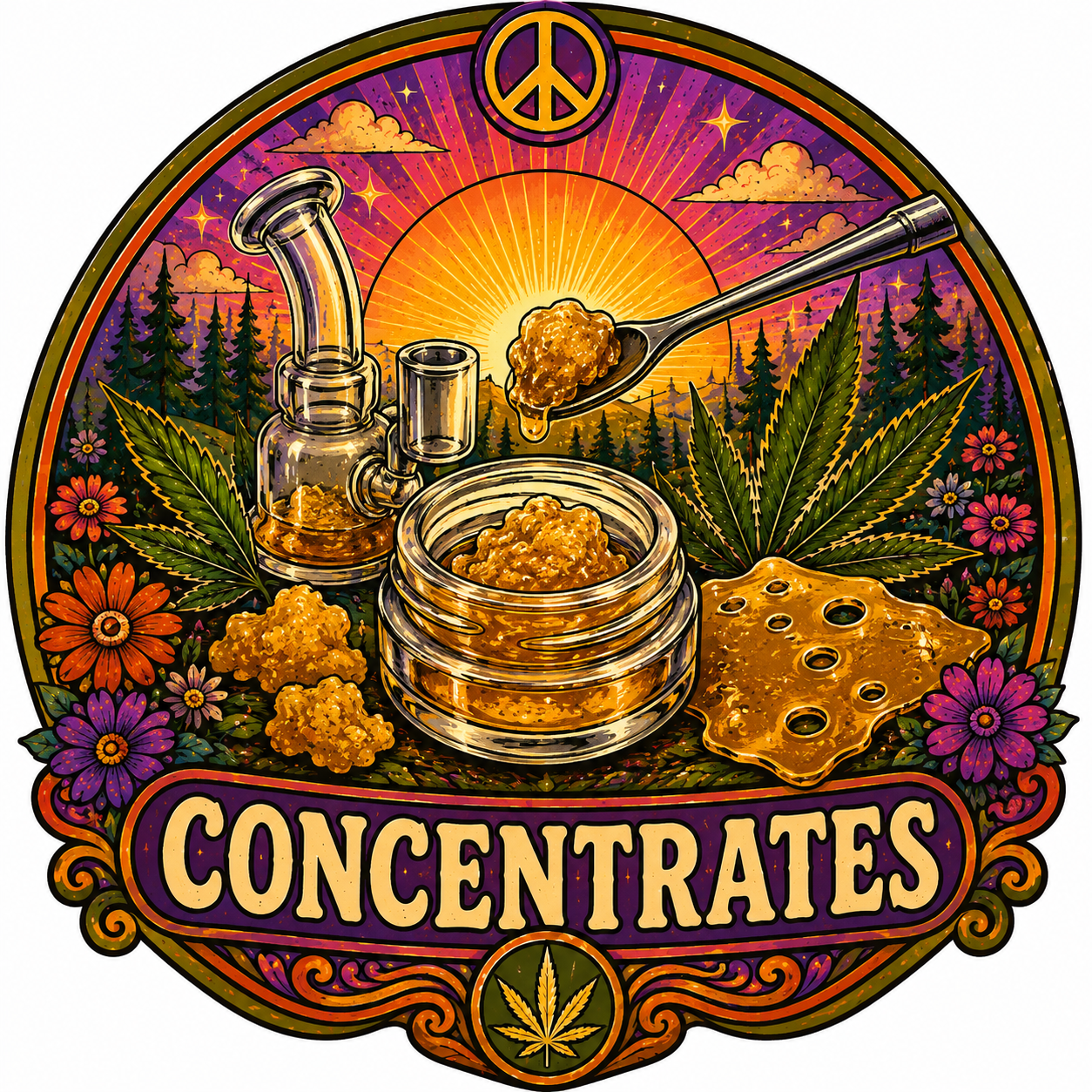 Vintage Cannabis concentrates icon featuring dabs, shatter, dab rig, and cannabis leaves.